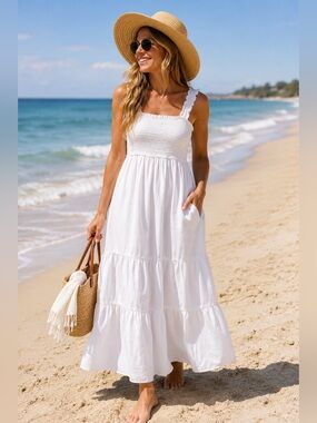 Ivy Street White Smocked Sundress Sz XL Tiered Maxi Dress w/Pockets Cottagecore